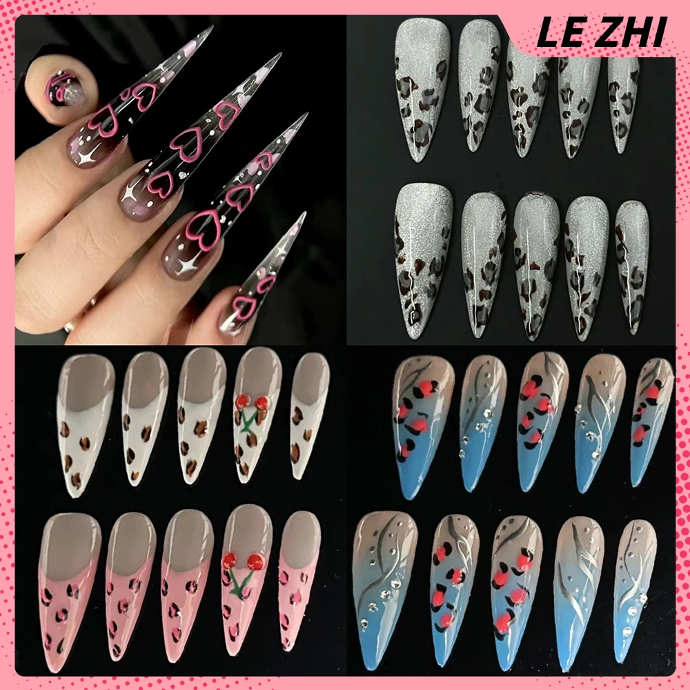 

10Pcs Spice Girl Fashion Long Coffin Stilettos Handmade Press On Nails Leopard Print Pentagram Magic Mirror Powder Fake Nail