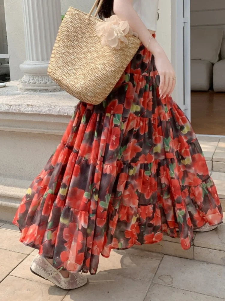 

SMTHMA New Fashion Bohemian Style Chiffon Big Swing A-line Skirt Women's Elastic High Waist Multi-Layer Patchwork Floral Skirt