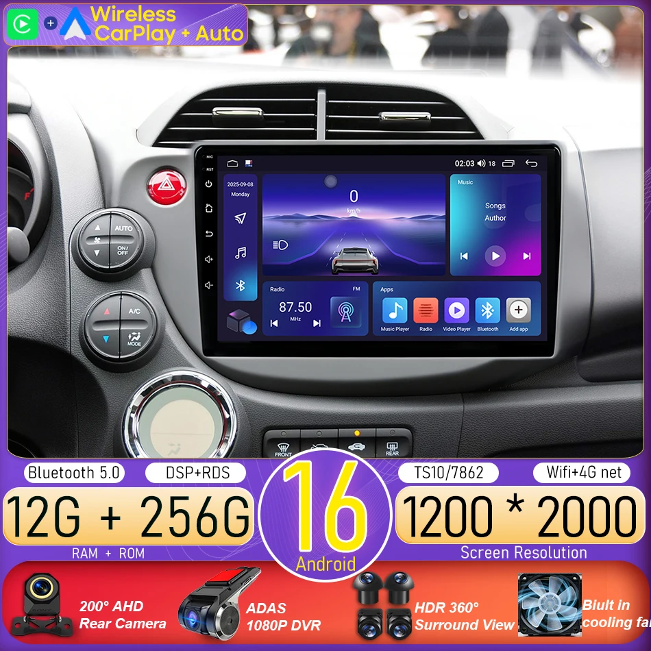 Android 16 For Honda Jazz 2 GG 2008 - 2014 Fit 2 GE GP GE 2007 - 2014 Car Radio Multimedia Video Player GPS Navigation CarPlay