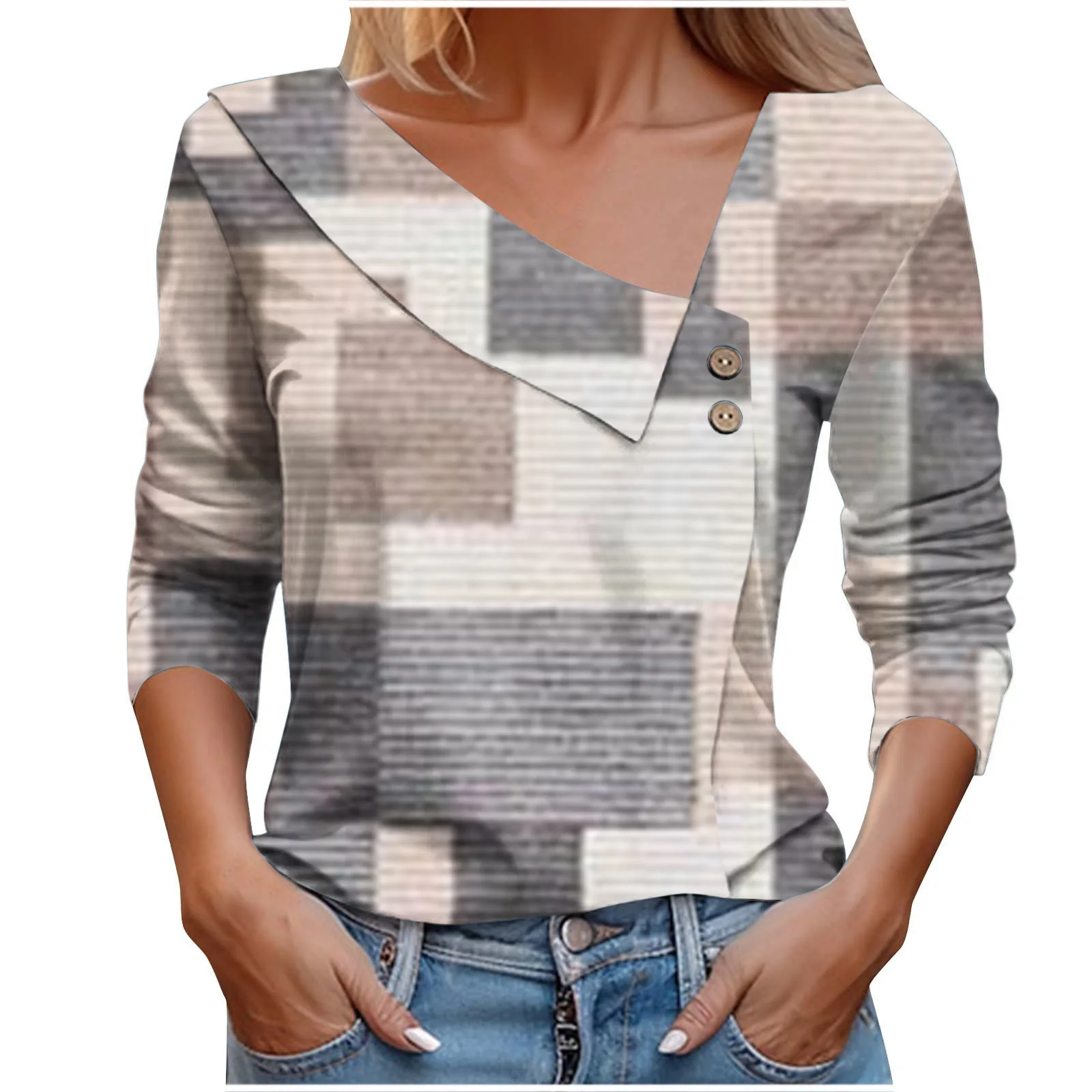 3D Cutting Skin-Touch Autumn Blouse  Geometry Patchwork Color Loose Autumn Tee Shirt Classic Pullover Top 