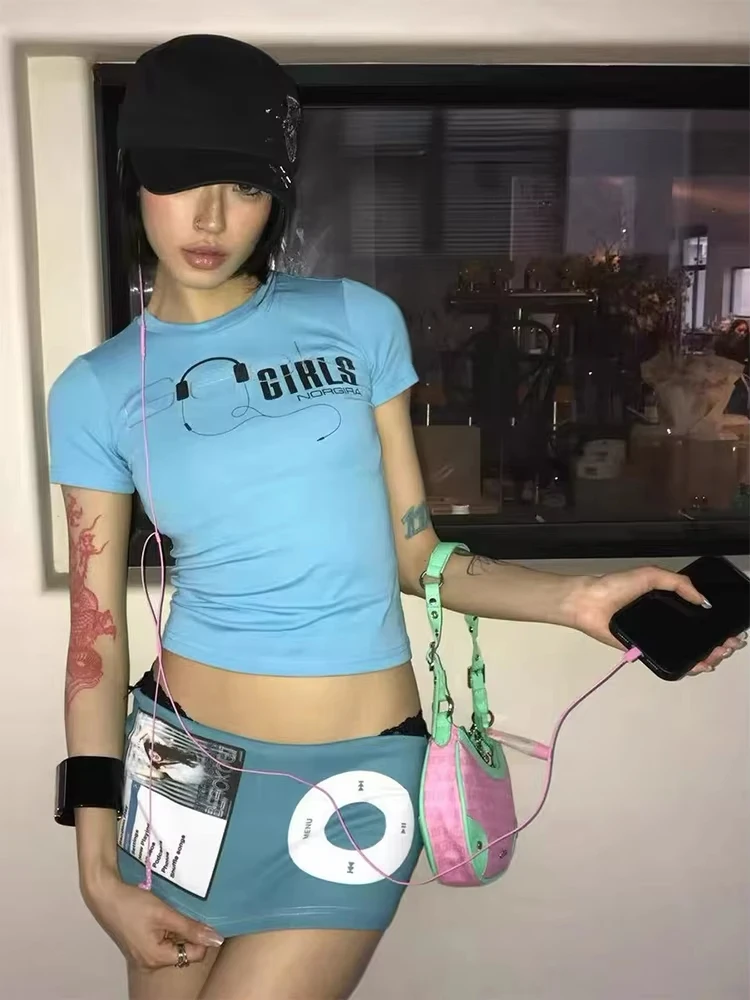 Trendy Y2k Blue Headset Letter Print Women's Short Sleeve T-shirt Vintage 2000s Style American Retro Fashion Casual Daily Tops