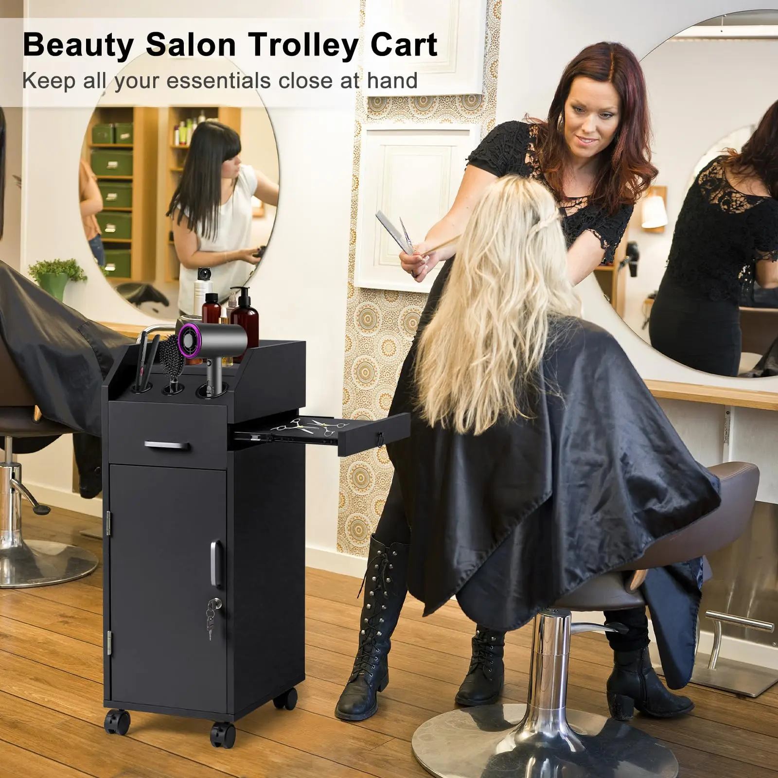 Salon Trolley Cart with 4 Trays, 3 Hair Dryer Holders, Black Lockable Beauty Storage Cabinet with 4 Drawers