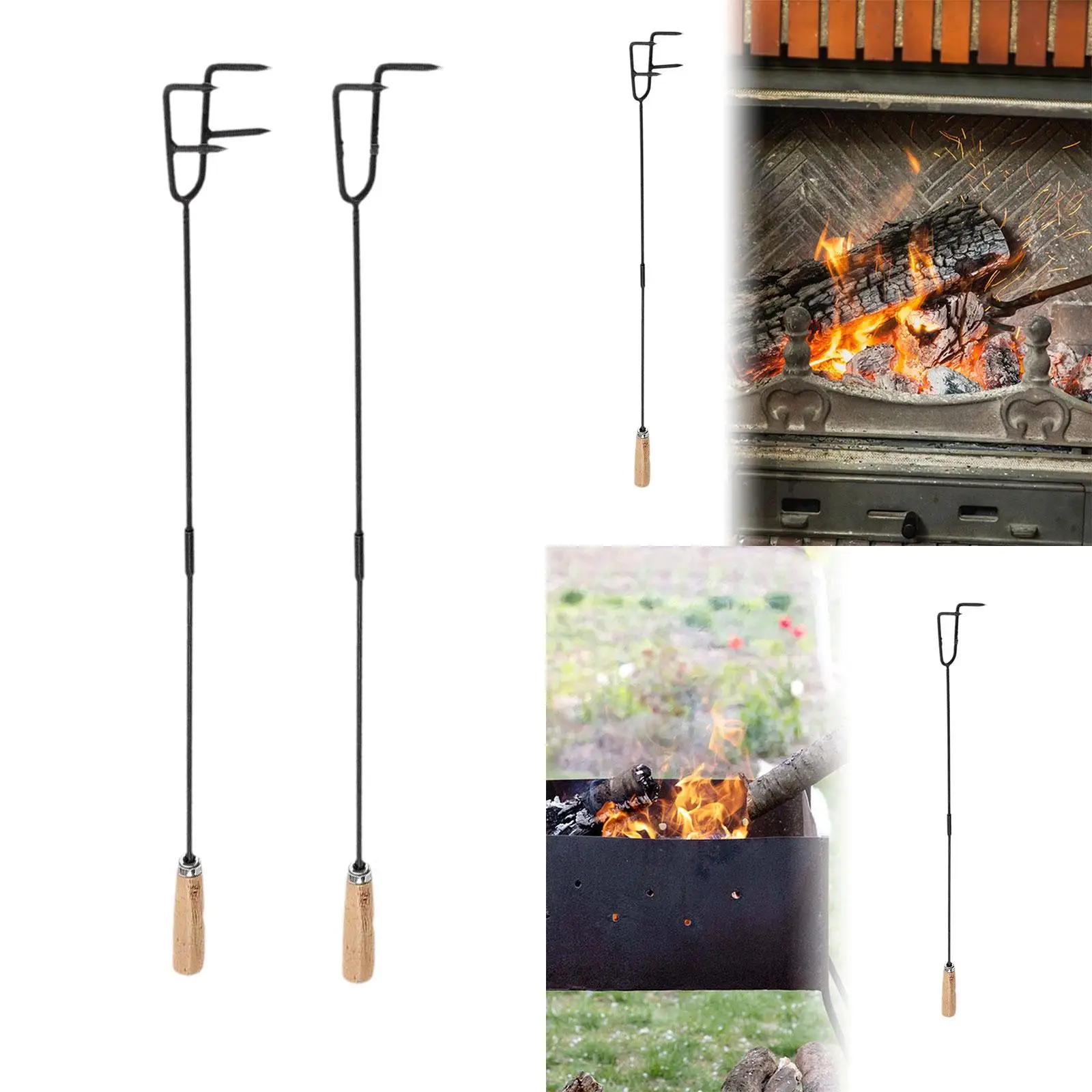 Fire Hook Sturdy Wooden Handle Multifunctional Wrought Iron Fire Hook for Camping Fireplace Fire Pits Campfires Indoor Outdoor