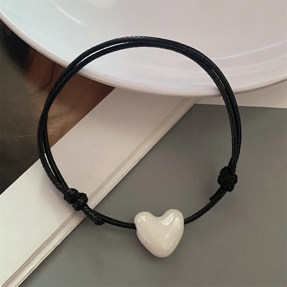 Ceramics Love Heart Bracelet Black Rope Adjustable Hand Bracelet for Girl Women Colorful Shiny Heart Accessories