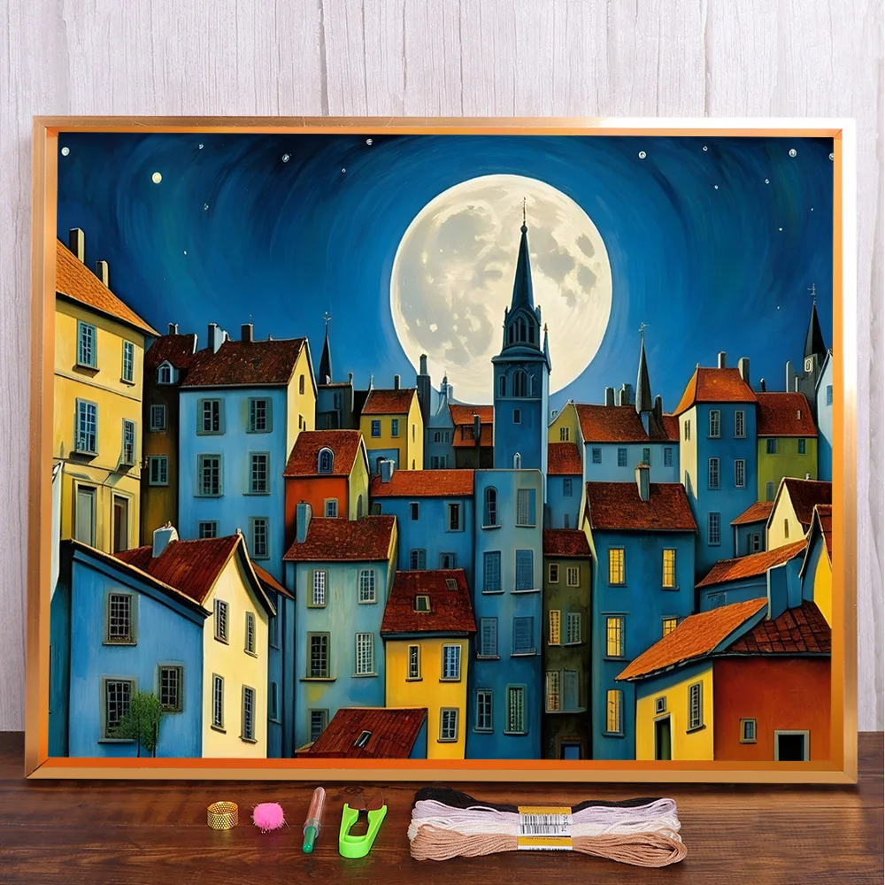 

City Scenery Printed Cross-Stitch Complete Kit DIY Embroidery Handmade Needlework Sewing Handicraft Mulina Room Decor Counted