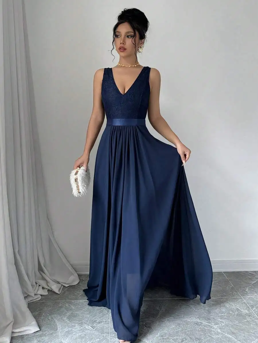 

Navy Blue Sleeveless V-Neck Lace Bodice Chiffon Maxi Dress with Satin Waistband