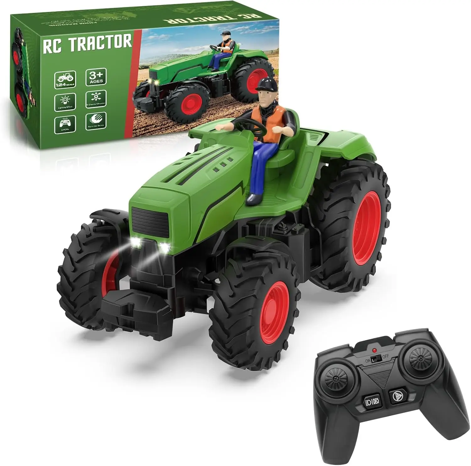 

1:24 Scale RC Tractor Toy with Farmer & Light, Rechargeable Farm Toy for Toddlers 3-5, Remote Control Tractor Gift for Boys Girls
