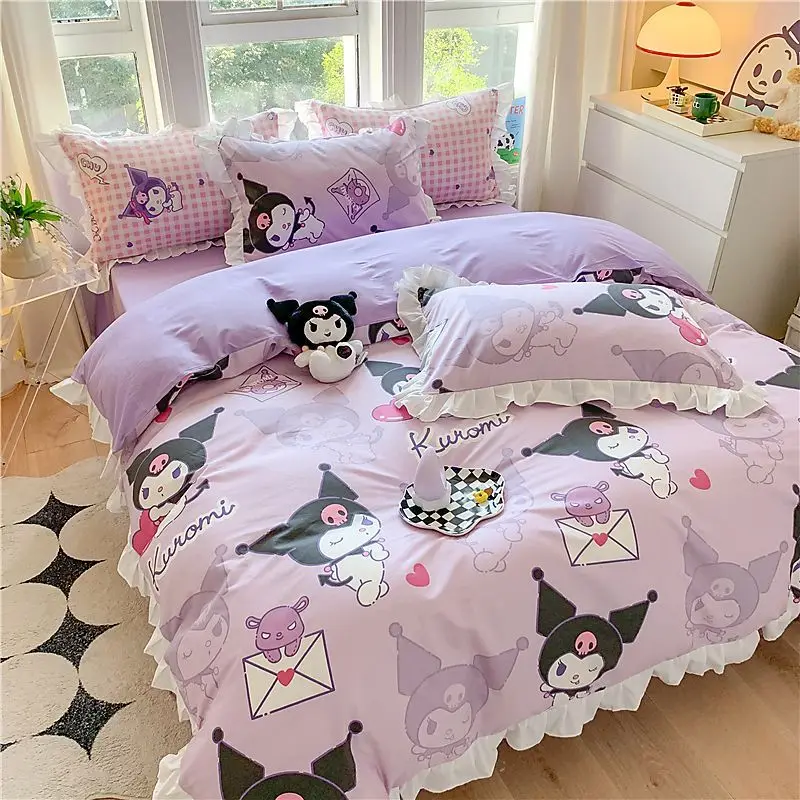 

Cute Cartoon Kawaii Sanrioed Kuromi My Melody Hellokittys Cinnamoroll Pure Cotton Lace Style Duvet Cover 4 Piece Bed Sheet Set