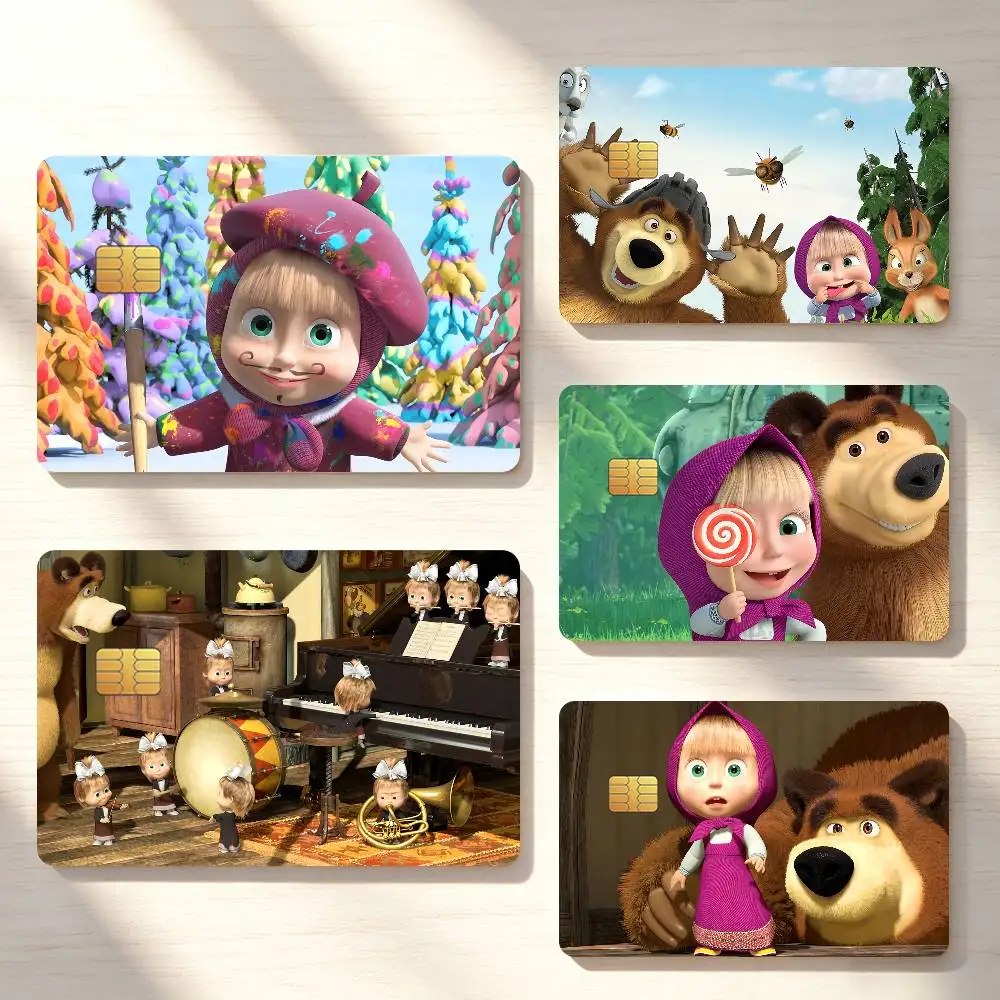 Cartoon M-Masha and the B-Bear Cute Credit Card Sticker Waterproof Anti-Scratch 4PCS Bank Debit Traffic Cover Decoration