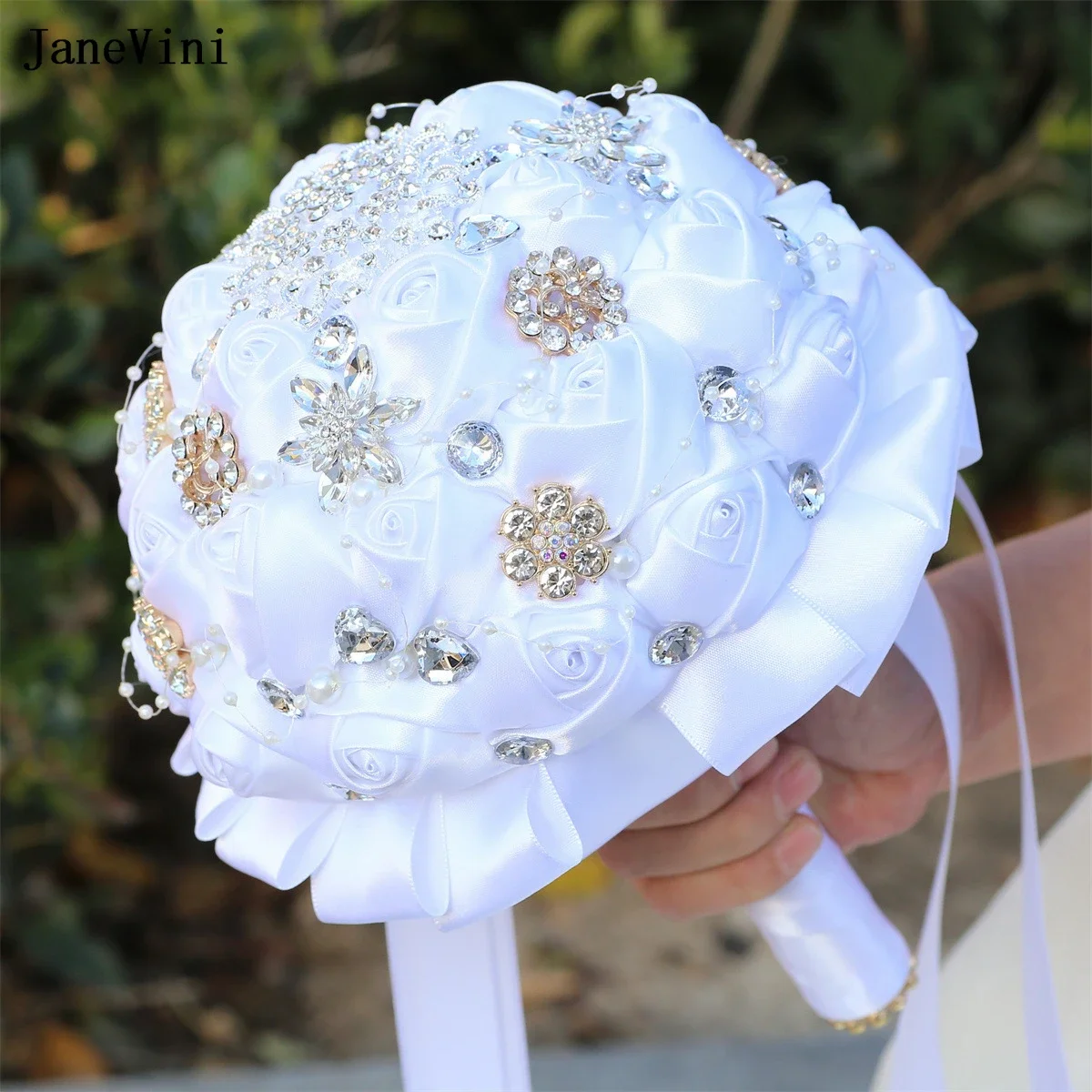 

JaneVini Shiny Rhinestones Bridal Brooch Bouquets Ivory Wedding Flowers Artificial Satin Roses Crystal Korean Bride Fake Bouquet