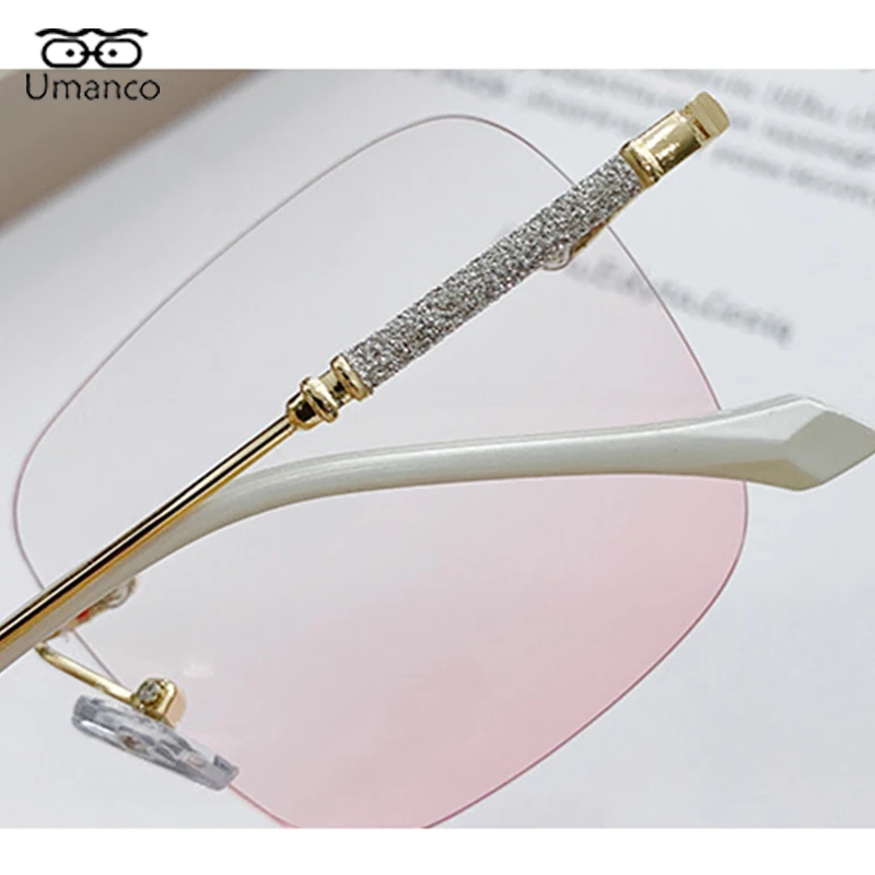 Gradient Pink Lenses Square Rimless Nearsighted Glasses Women Gold Frame Anti Blue Light Computer Glasses Prescription Eyewear