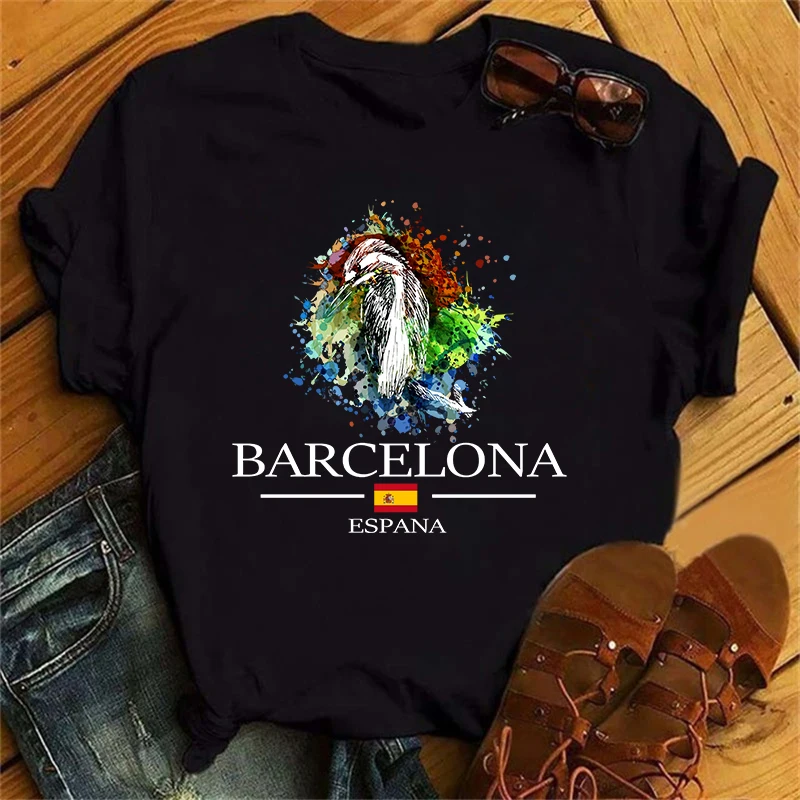 Barcelona Eagles Lions Leopards Print Women\'s T-Shirts Esppana Letter ​Harajuku Unisex Luxury TShirts Summer Short Sleeve Top