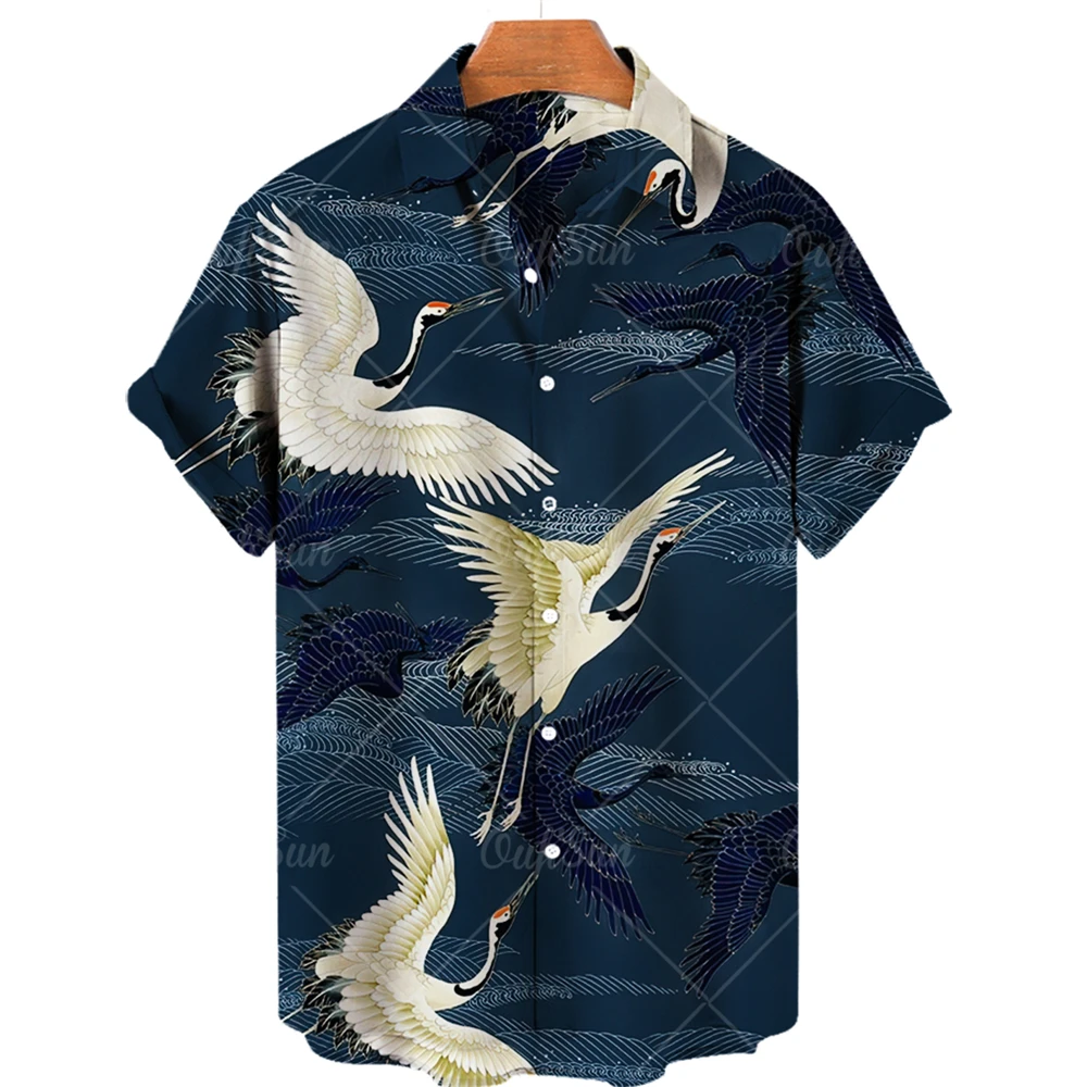 Men\'s Crane Clothing Grus Japonensis Printing Hawaiian Folk-custom Oversized Shirts Vintage Casual Camisa Floral Masculina Y2k