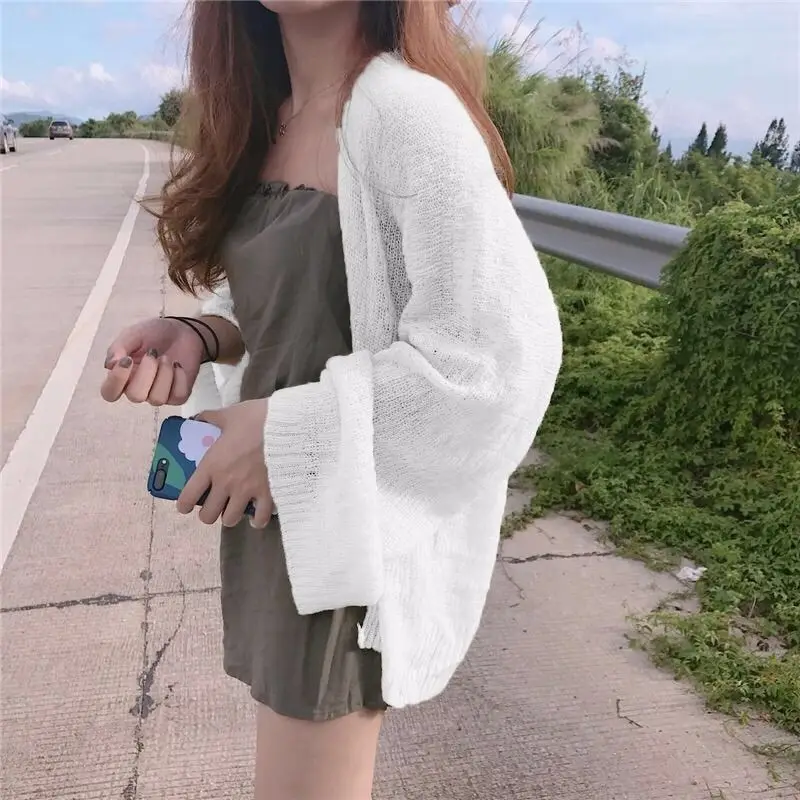 Women Autumn Korean Loose Solid Color Hollow Out Long Sleeve Knitwear Women Clothes Office Lady All-match Trend Knitting Coat