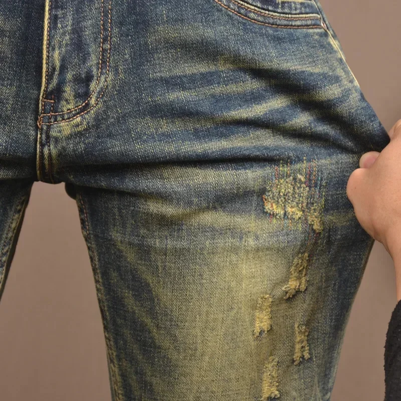 Zomer retro nostalgische gescheurde denim shorts heren trendy merk stretch slim fit high-end gewassen casual vijfkwart broek