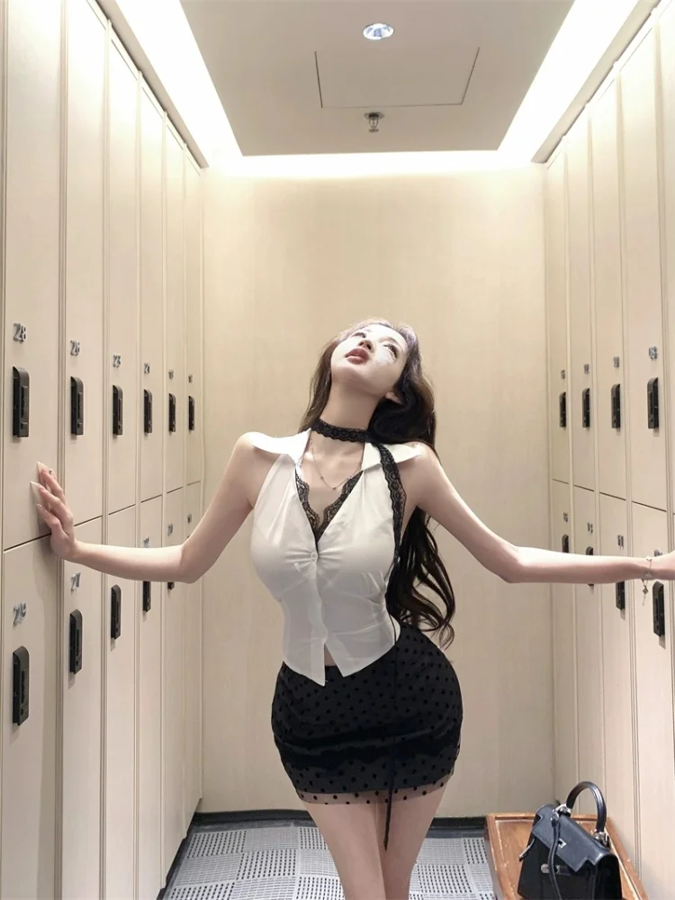 

Lace Splice Slim Fit Svel Women's Vest Summer Hanging Ne Design Sensual ort Color Colion Top Faion Set