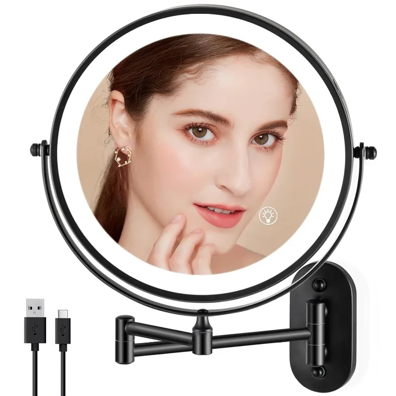 

Rechargeable Wall Mounted Makeup Mirror, 8.5 inch Double-Sided 1/10x Magnifying Bathroom Mirror with 3 Color Lights, Lighted