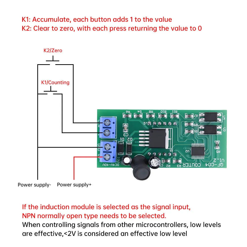 DC 4-40V 0-9999 Trigger Digital Counter Module Accumulator 4-Bit Red Blue 0.56In Digital Tube Display With Memory Function