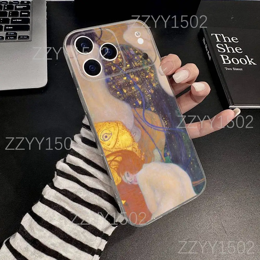 Поцелуй Густава Климта ART для iPhone 17,16,15,14,13,12,11 Pro,Max,Plus,X,XS,XR,SE4,E Мини-прозрачный мягкий защитный чехол
