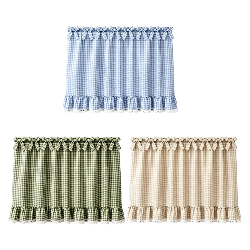 Lace Trim Appliance Cover Curtain, Tie-Top Checked Dust Cover Panel, Cotton Blend, 30 x 21.5 In for Laundry Use J0MC