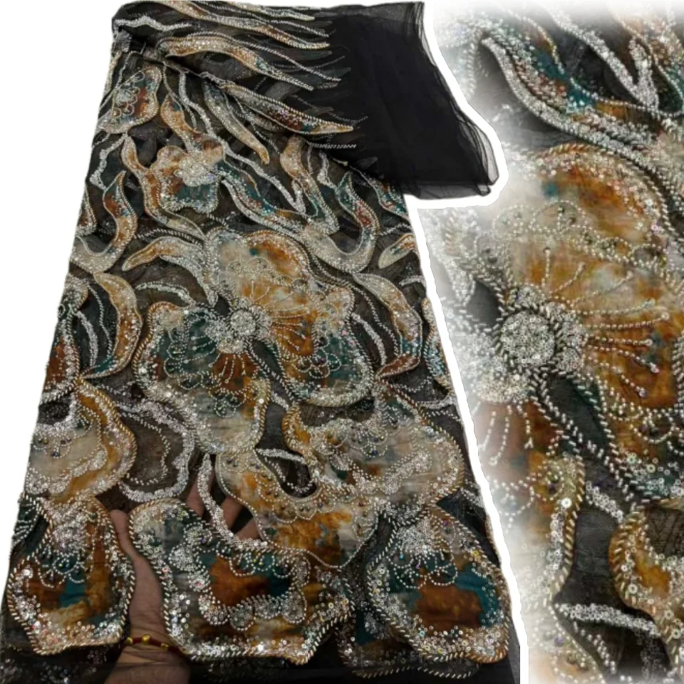 

African Beads Lace Fabrics Latest Sequin Lace Fabric 5 Yards High Quality Printed Fabric Fabric Nigerian Wedding Dress CC1664
