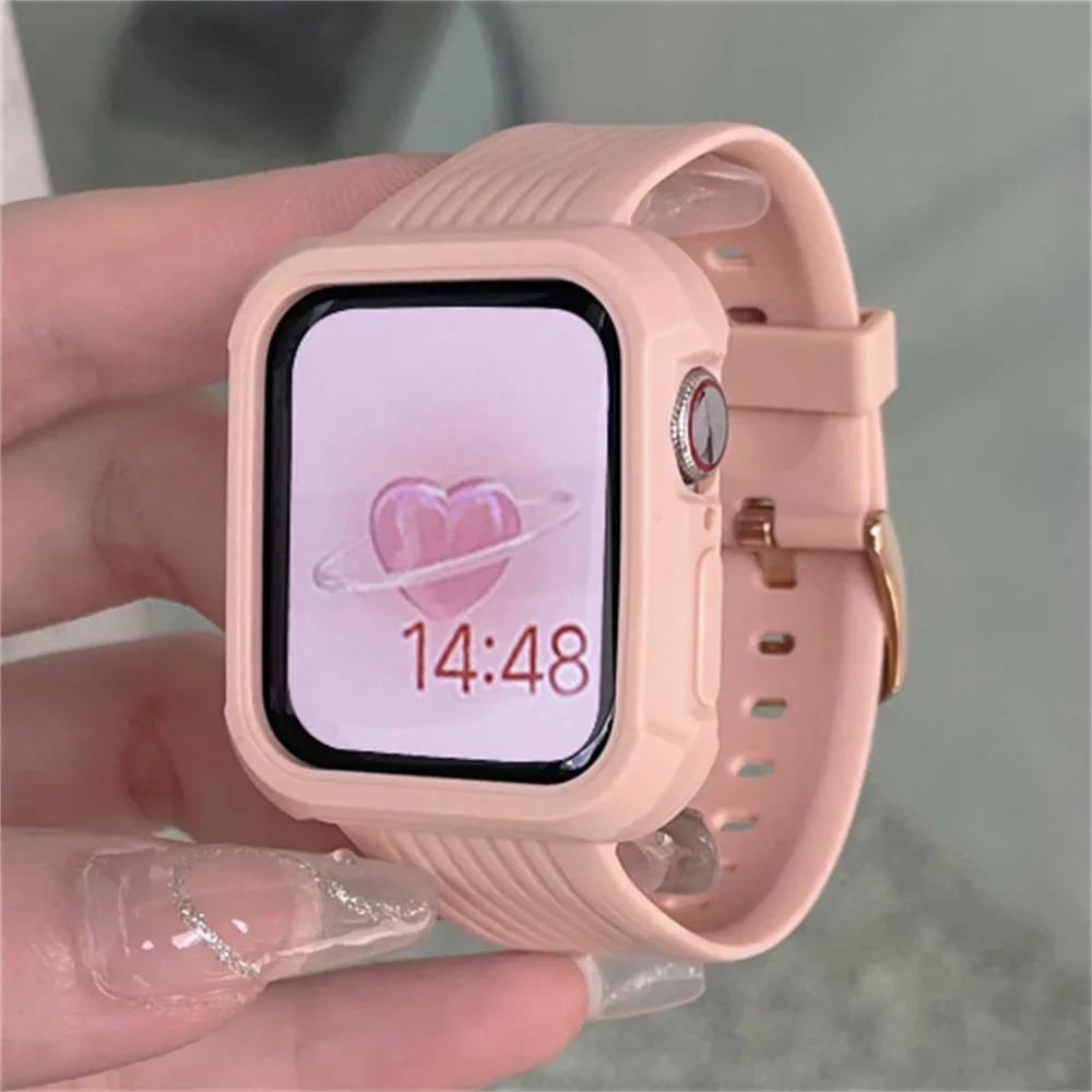 Stripe Sport Matte Band + Case For  Watch 44 45 49 42mm 40/38 For iWatch 7 8 6 5 SE 41 Silicone Women Clear Bracelet Strap