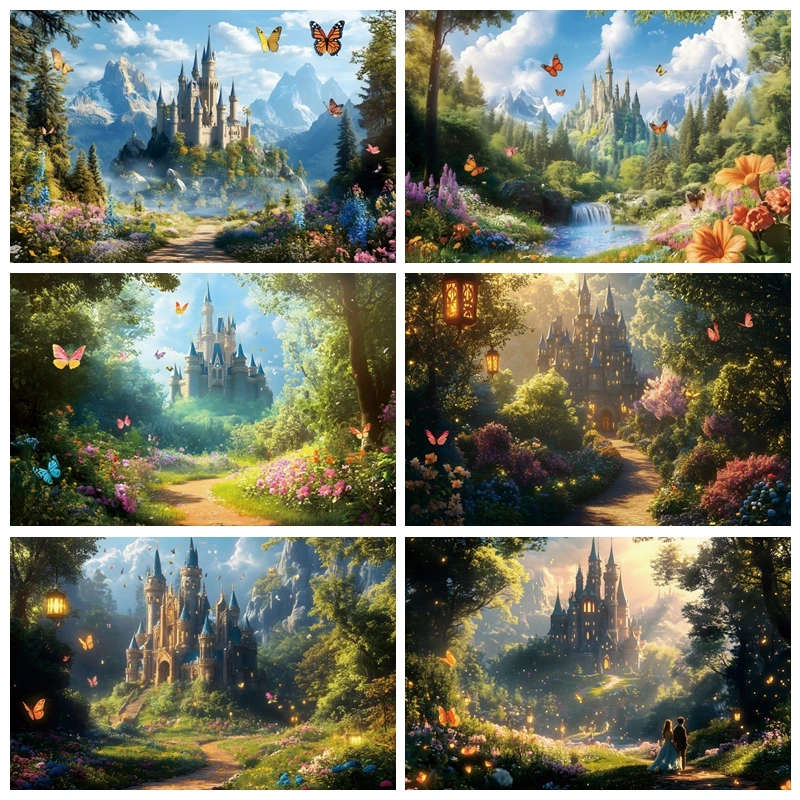 Fantastic Spring Photography Backdrop Flowers And Plants Lush Castle Butterfly Flying Party Decor  Adults Portrait Photo Props