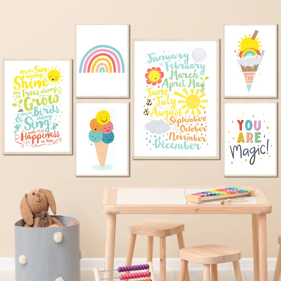 Rainbow Sun Moon Cloud Ice Cream Cartoon Wall Art Canvas Painting Nordic Posters And Prints Wall Pictures Kids Room Decor Kawaii