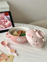 Ceramic Instant Noodles Bowl with Lid, Cute Girl Heart Soup Bowl, Rice Bowl, High Beauty Household Double Ear Handle Bowl