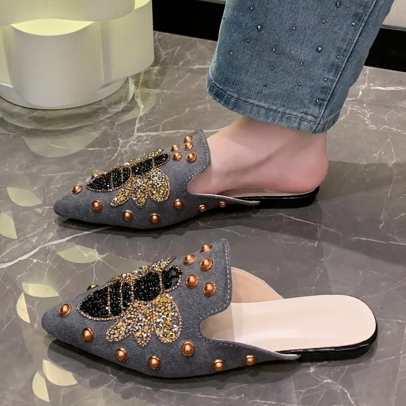 Shoes for Women 2024 Fashion Closed Toe Women's Slippers Summer Dress Slippers Women Bling Crystal String Bead Flat Ladies Shoes