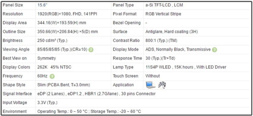 N156HCA-E5A NV156FHM-N4H NV156FHM-N4T 15.6 inch LCD Screen Slim IPS Panel 1920x1080 FHD 141PPI EDP 30pins 60Hz Non-Touch