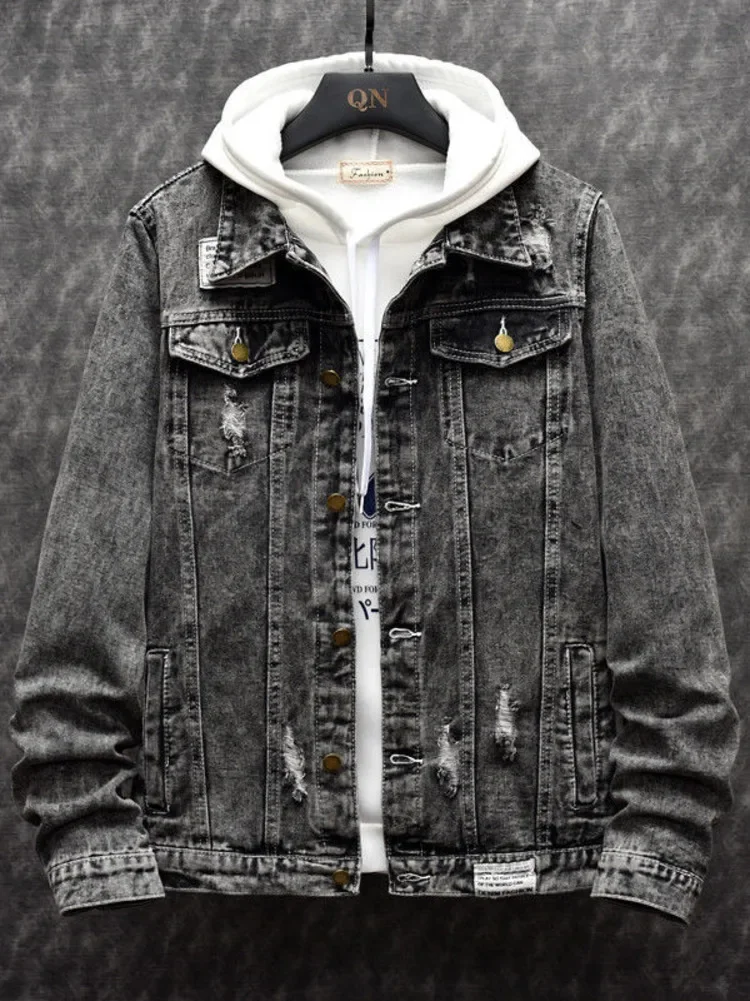 Men Vintage Denim Jacket Handsome Embroidery Jean Patchwork Long Sleeve Classic Outerwear Windbreaker Spring Autumn Coat