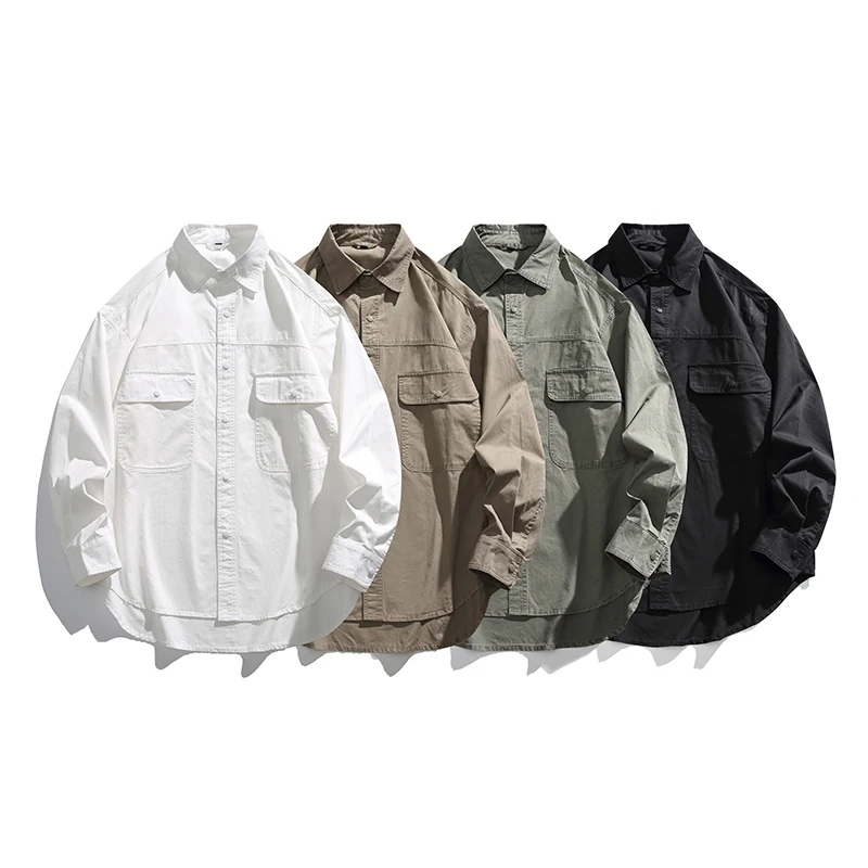 Men Plus Size Loose Casual Long Sleeve Pure Cotton Cargo Shirt Campus Boy Oversize Outdoor Shirt Blouse Spring Autumn Clothing