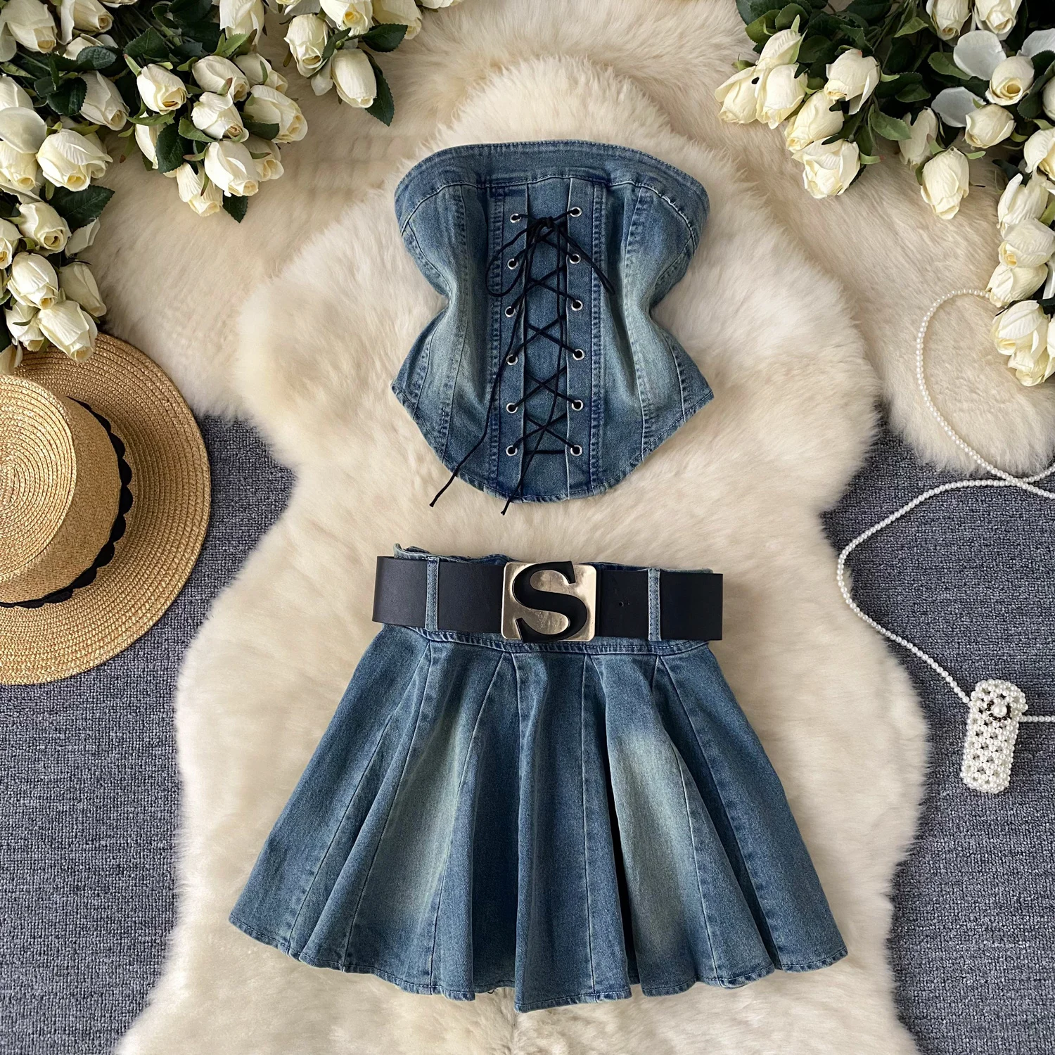 Women Denim Mini Skirts Suits Summer Bandage Short Strap Jeans Vest Tops And Mini Pleated Jeans Skirt Two-piece Sets