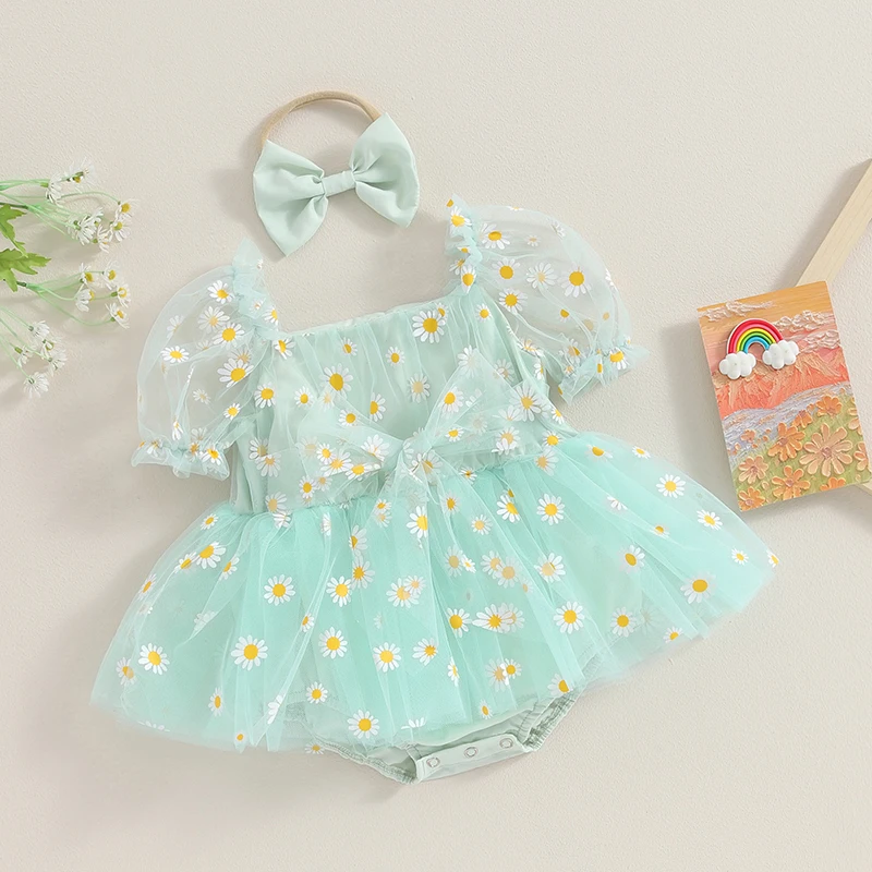 Baby Girl 2Pcs Summer Outfits Short Puff Sleeve Daisy Print Romper Tulle Dress with Headband Set