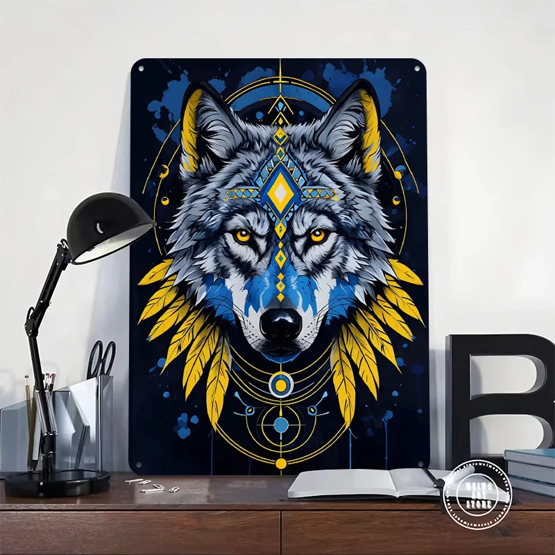 Ukraine Wolf With Geometric Tinplate Posters Customizable Wall Art Retro Vintage Metal Signs for Home Room Decoration Aesthetic