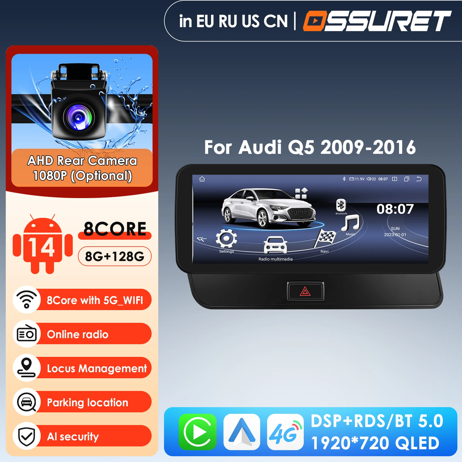 Беспроводная автомобильная стереосистема Carplay Android Auto для Audi Q5 2009-2016 AI Voice WIFI 4G-LTE IPS Экран BT GPS 8Core 6 ГБ 128 ГБ