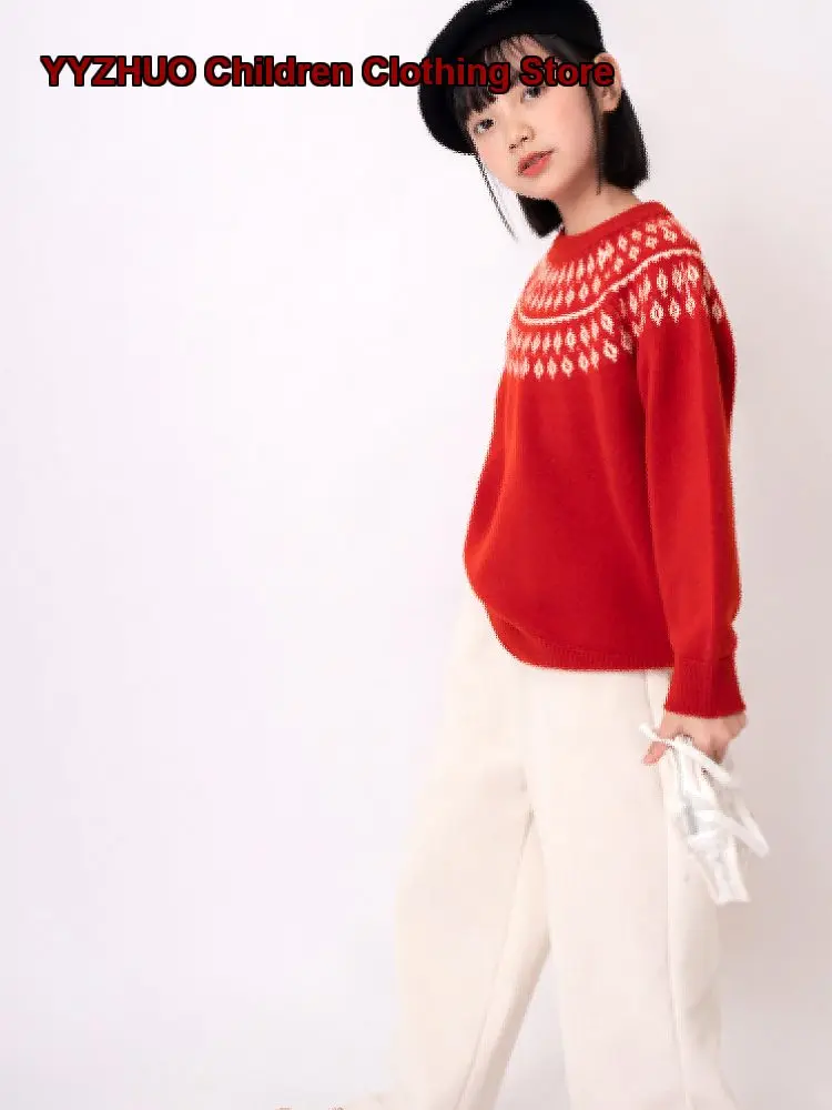 Girls Pure Wool Pullover Kids Fair Isle Pattern Red Letter Print Thickened Spring
