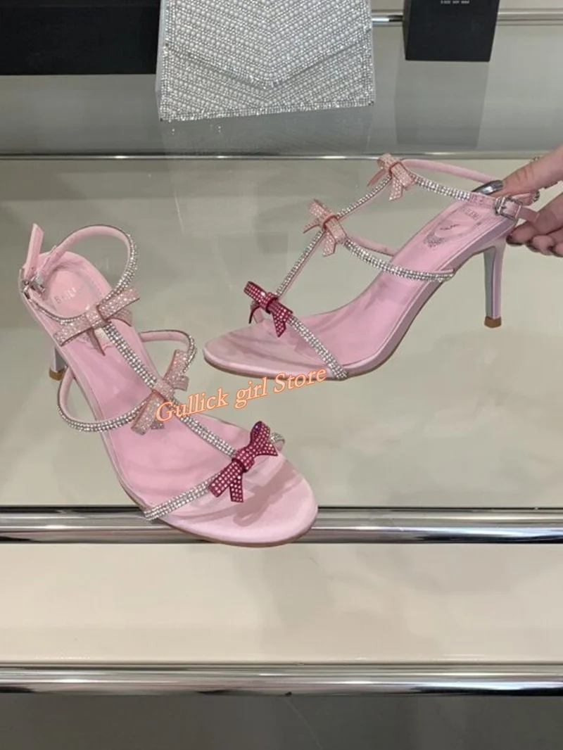 

Pink Crystal Strap Butterfly Knot Sandals Open Toe Stiletto High Heel Real Picture Handmade Runway 2026 Summer Women Sandals