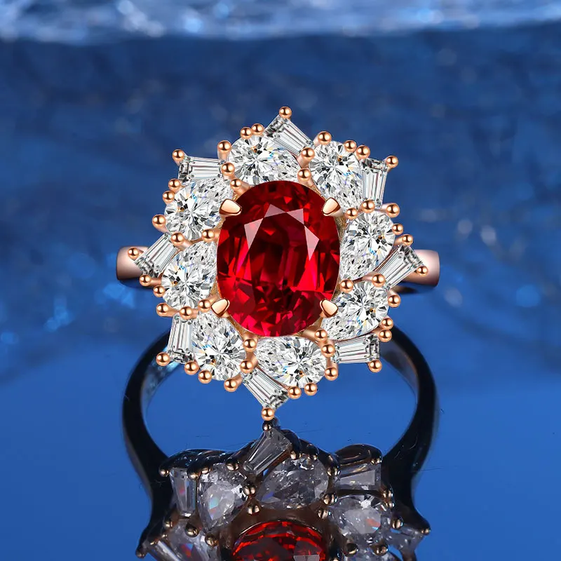 Luxury Solid Platinum PT950 Women's Ice Flower Cut Inlay Padma Red Vintage Diamond Ring
