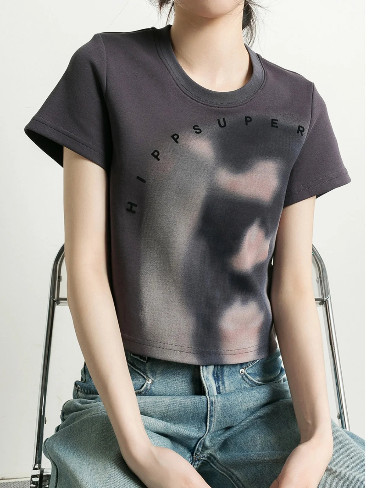 

Tide PA Flocking Letter Graffiti Short Sleeve Women's T-shirt Gradient Dyed Casual Style Cotton Blend Summer New Arrival