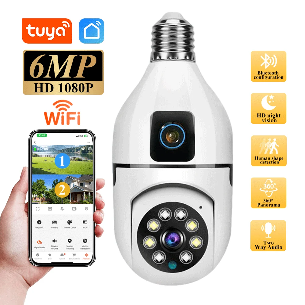 

Tuya 6MP HD PTZ Wi-Fi Seguridad двойной объектив экран E27 лампа камера цвет ночного видения охранное видеонаблюдение 360 ° Вращающийся кулачок