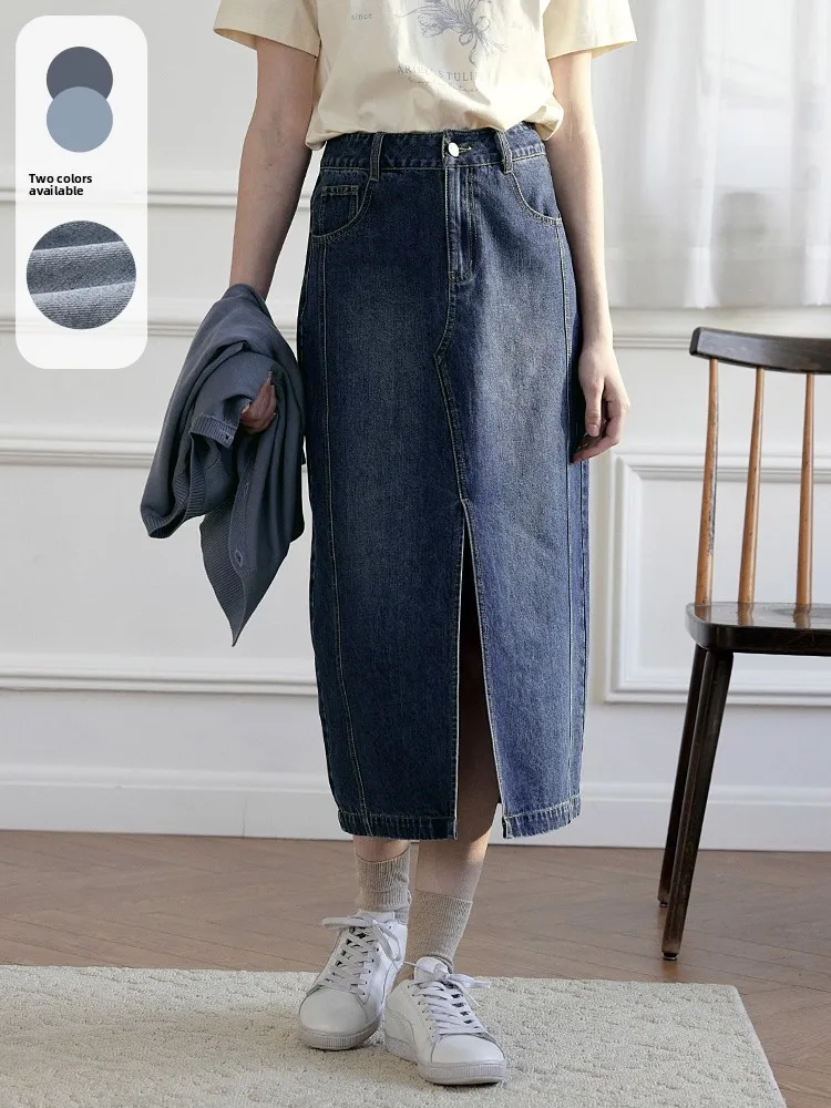 

High Waist Straight Leg Retro Denim Skirt Women's Spring Summer Slimming Split Midi Skirt Fashionable Casual Cotton Blend
