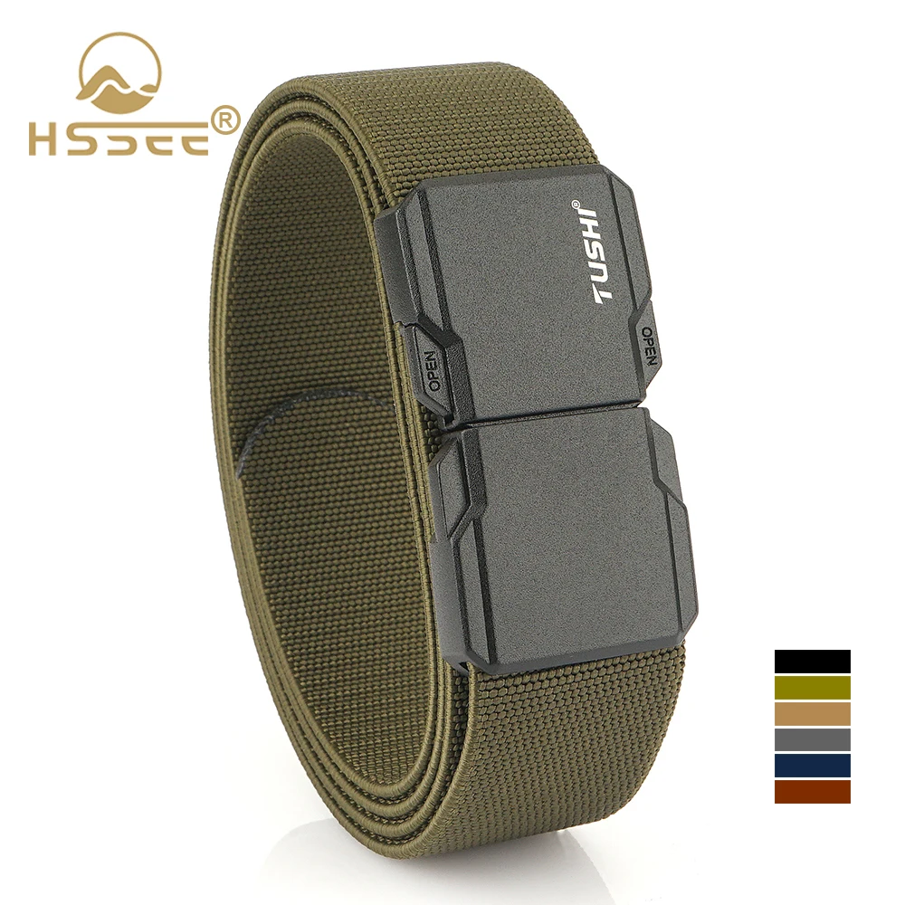 HSSEE New Elastic Belt Matte Metal Buckle Quick-Release Outdoor Work Belt for Men Tight Genuine Nylon Tactical Belt Male Girdle