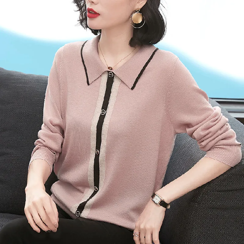 Knitted Women's Slim Polo Collar Top Spring Autumn New Vintage Middle Aged Mother Long Sleeve Bottom Sweater Elegant Pullovers