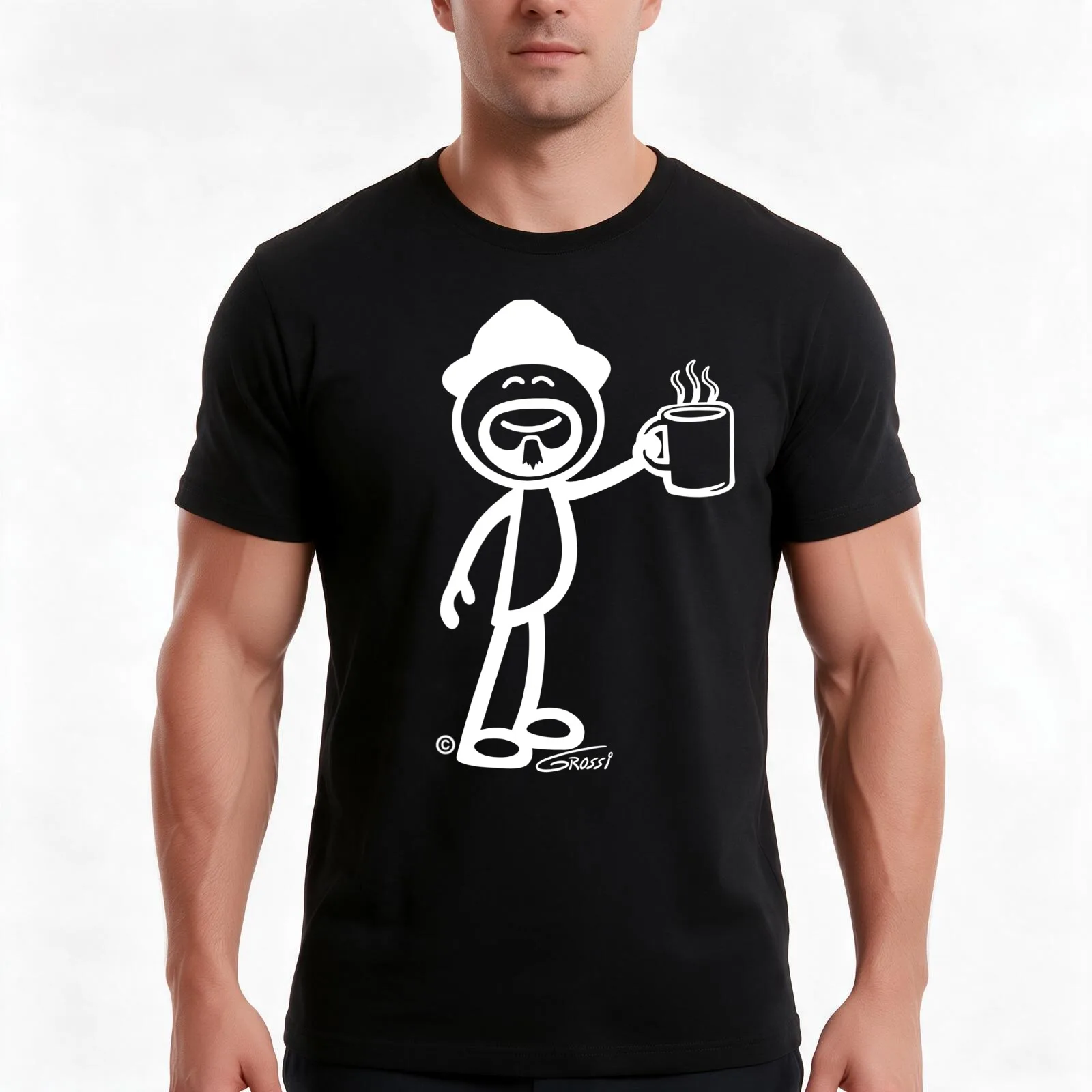 GG Coffee Guy Stick Figure (For Darker Clothing) T-Shirt Summer Casual Cotton Tee Oversized Streetwear Tops Unisex Men Women