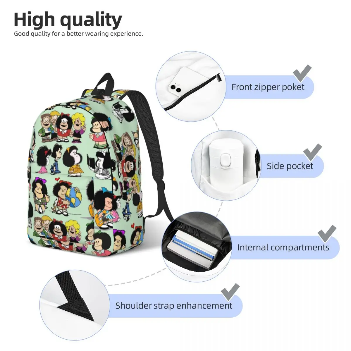 Kawaii Cartoon Mafalda Backpack Middle High College School Student Anime Bookbag Teens Canvas Daypack Gift