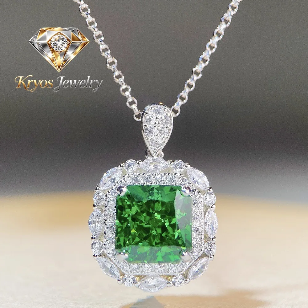 

Kryos Jewelry Luxury white gold solid platinum PT950 Women's Emerald Diamond Pendant Necklace Women's Square Full Diamond Pendan