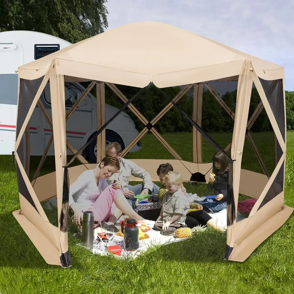 6-Sided Mesh Portable Gazebo with Netting and 2 Sunshades, Ideal for Outdoor, Camping, Lawn Use