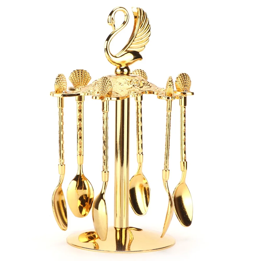 7pcs Golden Coffee Spoons Set European Decorative Swan Base Dessert Spoon Set Zinc Alloy Creative Handle Teaspoon Set